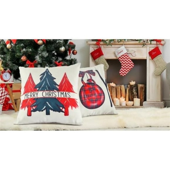 4 Pc Fall Winter Christmas Red Plaid Pillow Covers JOY Merry Christmas Tree